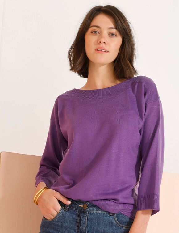 Pull col bateau manches 3/4, toucher doux (parme) Pull col bateau manches 3/4, toucher doux (parme)